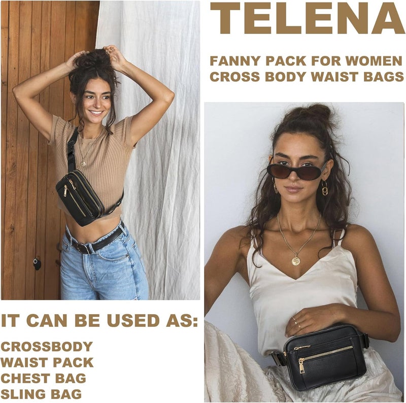 Telena Fanny Packs for Women Cross Body Bag Leather Belt Bag Fashionable Waist Bag with Adjustable Strap Black - Image 2